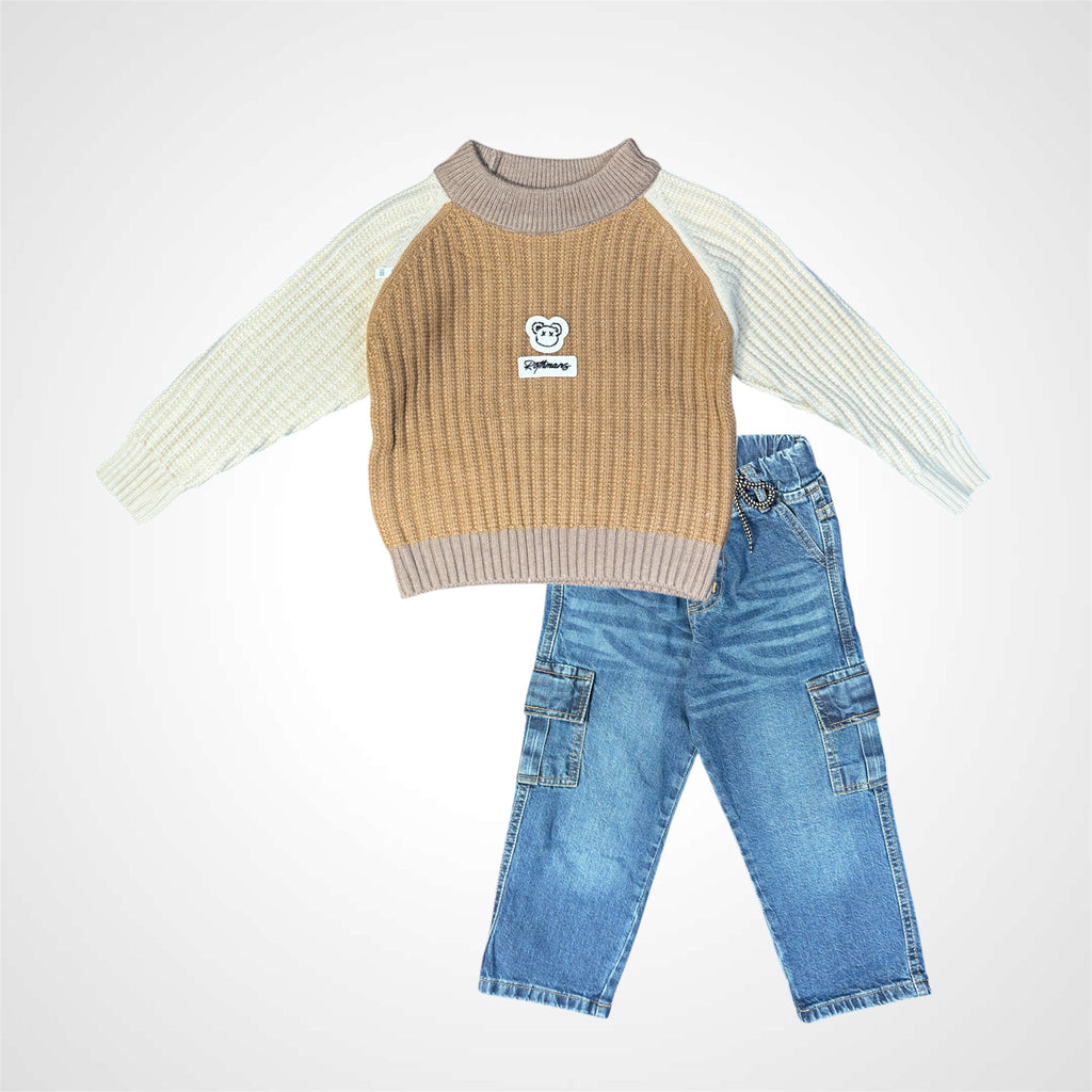 Kids SuitsATM JEANSoption1Boys' Classic Stripe Knit Sweater and Blue Denim Cargo Jeans Set - ATM JEANS