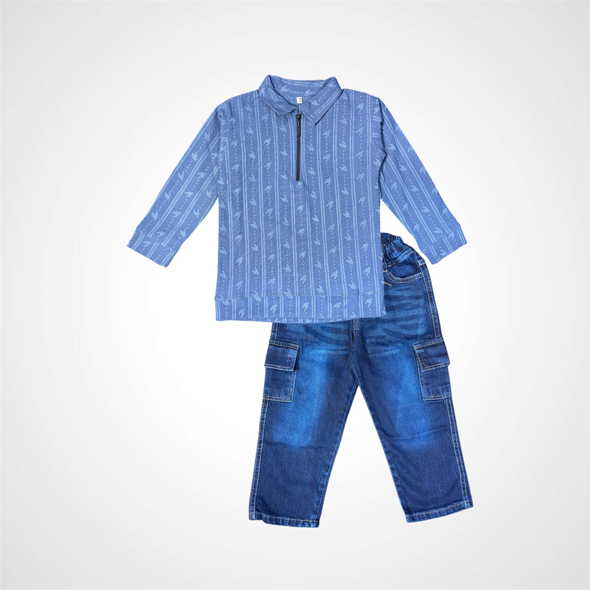 Kids SuitsATM JEANSoption1Stylish Boys' Beige Patterned Zip - Up Shirt and Baggy Jeans Set - ATM JEANS