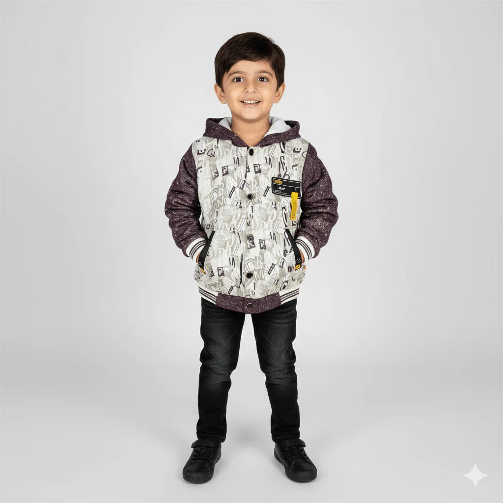 Kids' Urban Letter Themed Hooded Varsity Jacket - Speckle Sleeves