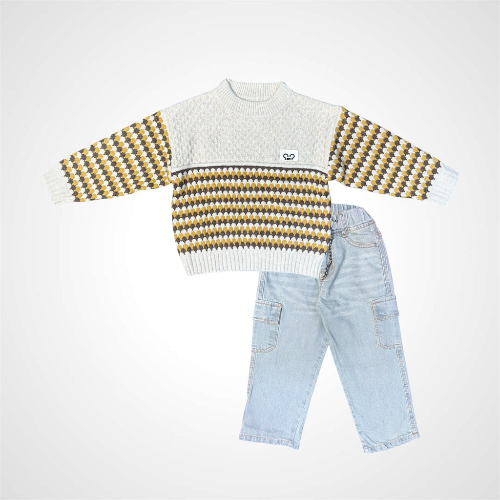 Kids SuitsATM JEANSoption1Kids' Stylish Color - Block Sweater (CHN Print) and Blue Ribbed Jeans Combo - ATM JEANS