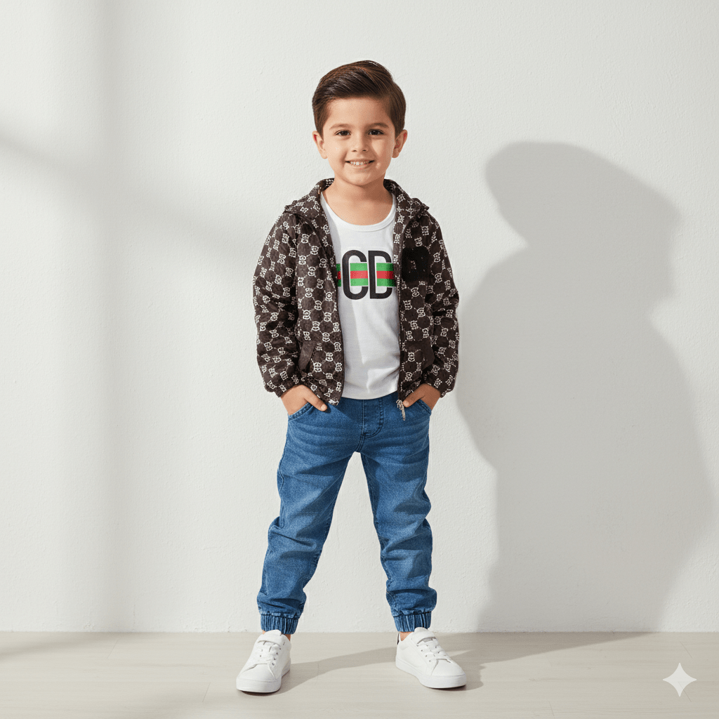 Kids SuitsATM JEANSoption1Kids' Trendy Monogram Printed Jacket & Classic Denim Jeans Set (3 - Piece Outfit) - ATM JEANS