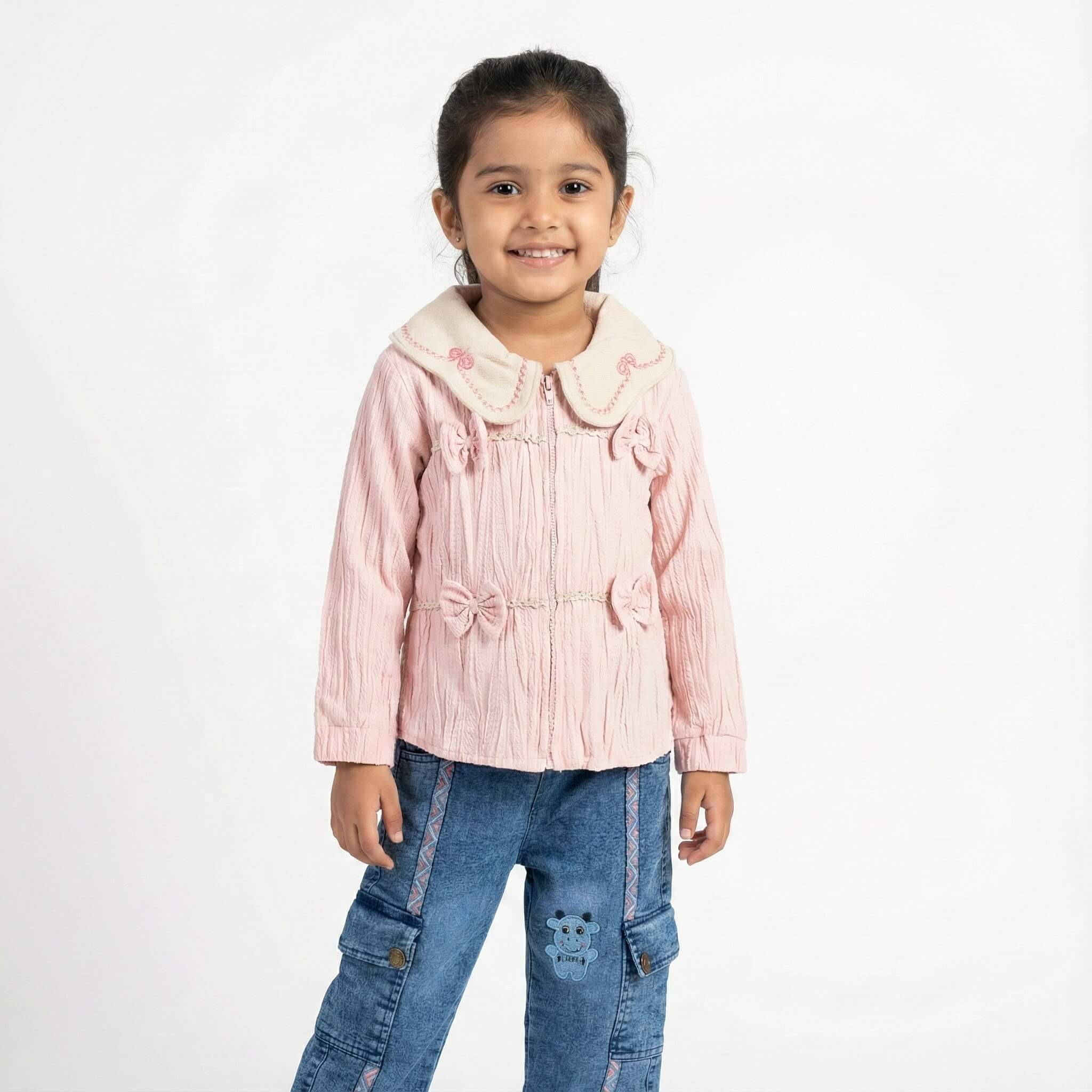 Girls lightpink winter suit set featuring an embroidered collar jacket and matching denim jeans for a toddler