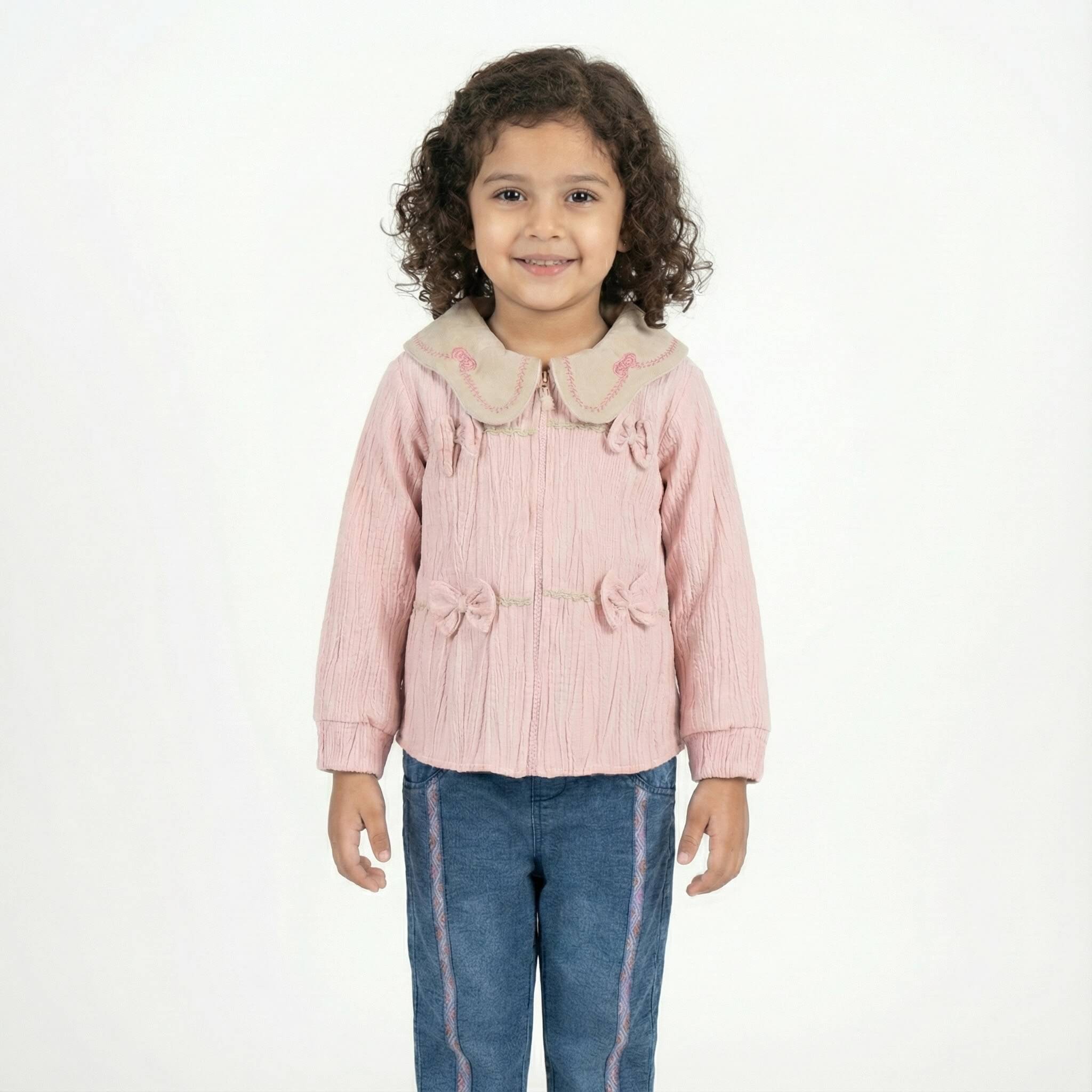 Girls pink winter suit set featuring an embroidered collar jacket and matching denim jeans for a toddler.