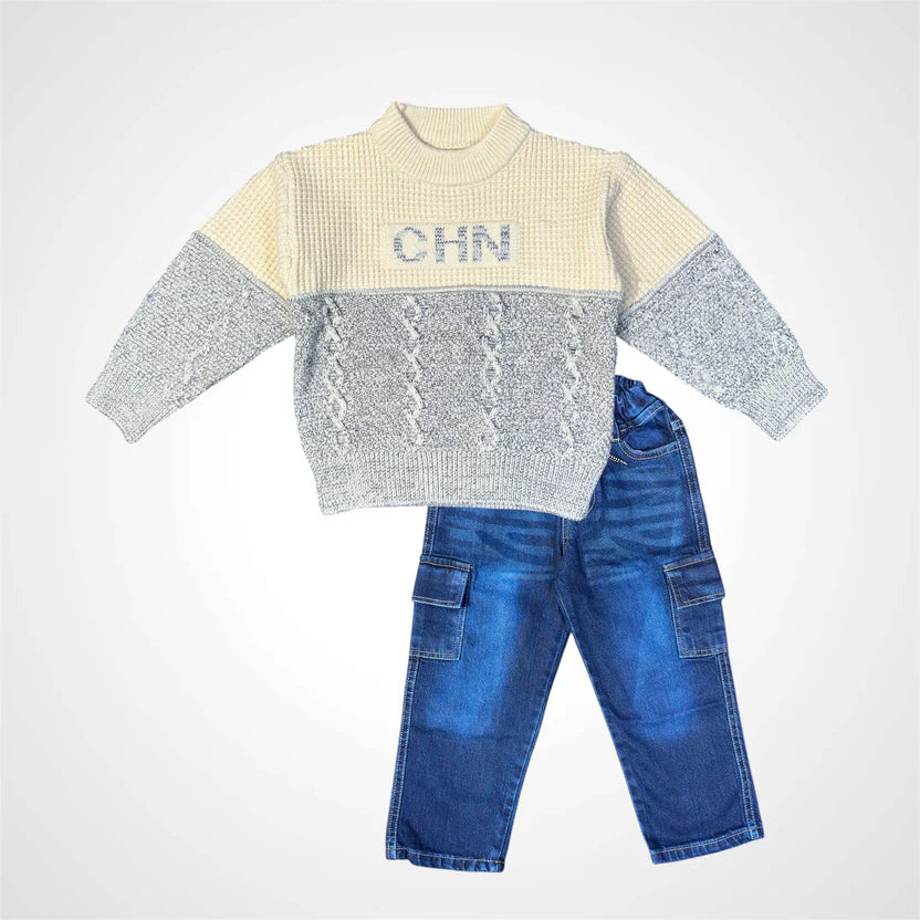 “Kids winter sweater shirt and jeans set for boys – premium warm outfit”